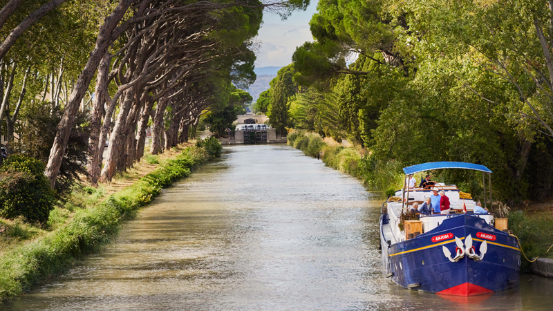 French hotel barge Anjodi moored under the plane trees along the canal du midi