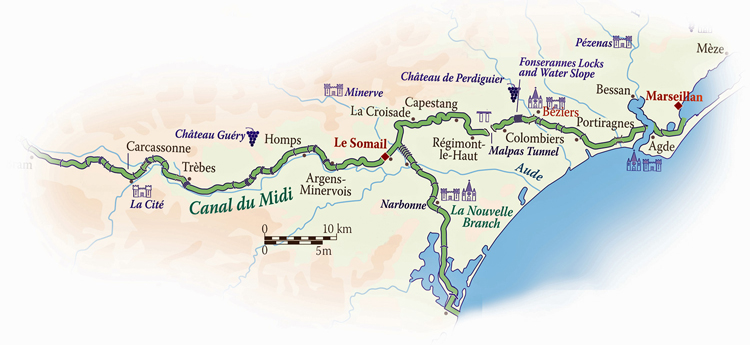 Hotel Barge ANJODI canal du midi map Barging in France