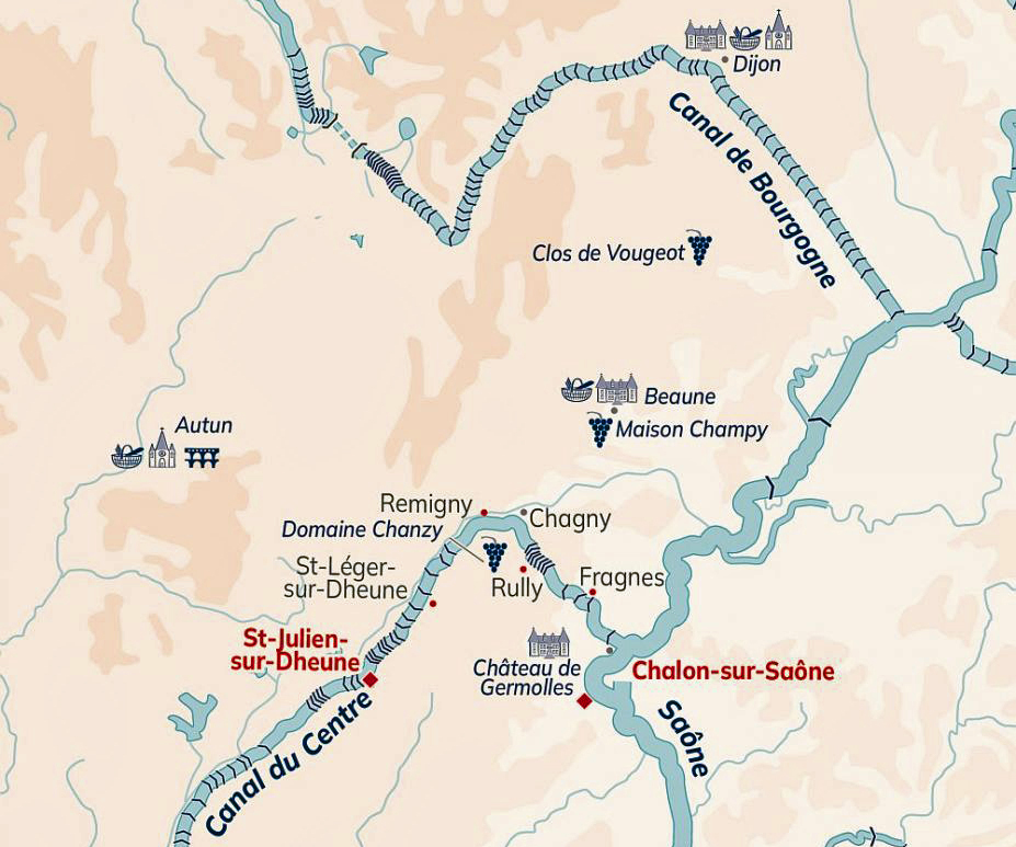 French hotel barge Finesse - Barge cruise itineraries Burgundy map bargecharters.com