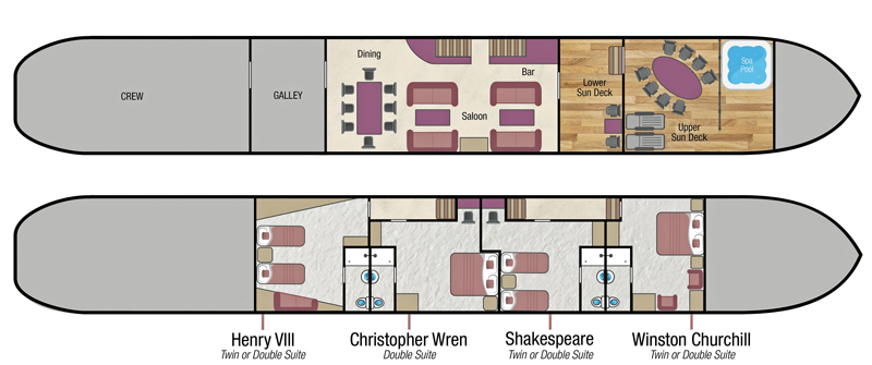Hotel Barge MAGNA CARTA layout diagram Barging in England BargeCharters.com