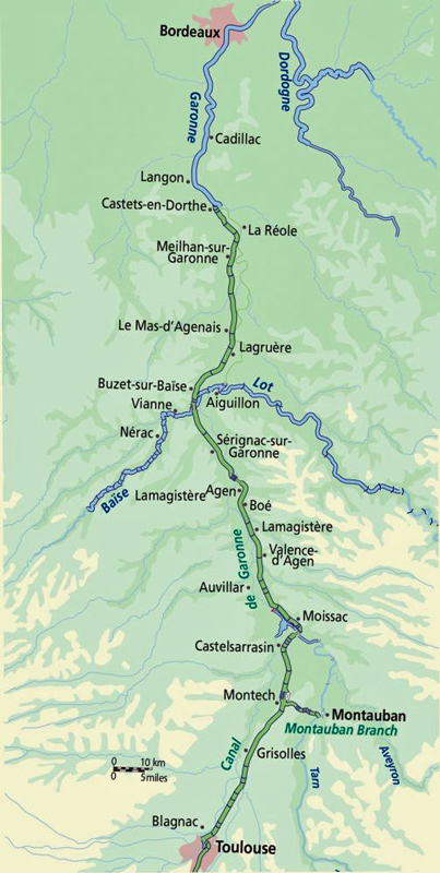Map Canal de Garonne French Hotel Barges Vacations Cruises Tours Charters Barging in France - Pont Canal d'Agen Canal de Garonne, France - BargeCharters.com