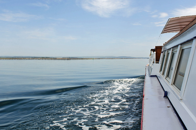 Navigating the Etang du Thau — notice the oysterbeds