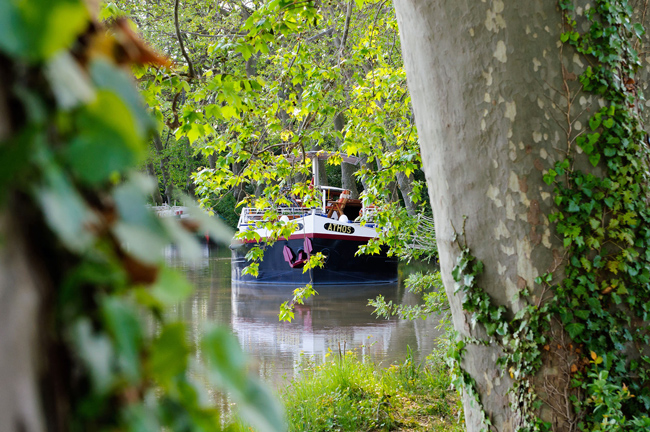 Barge Athos moored along the bank of the canal