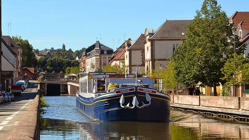 Luxury Hotel Barge Panache cruising in Alsace Lorraine. Barging in France