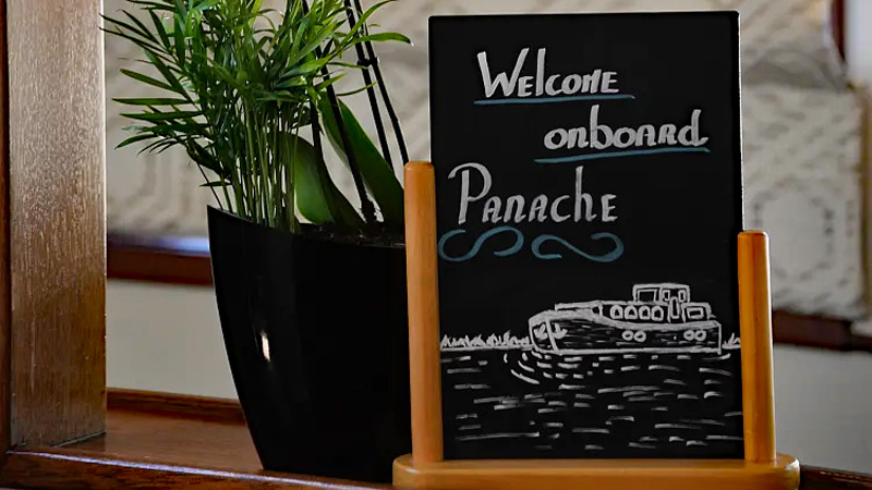 Welcome onboard Panache sign greets guests