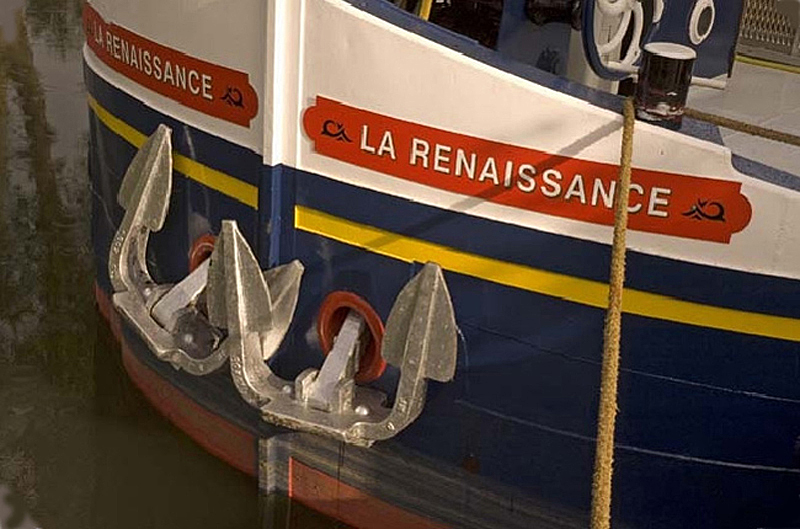 French Hotel Barge Renaissance - Bow anchors and name plate for La Renaissance. Ready to welcome you aboard