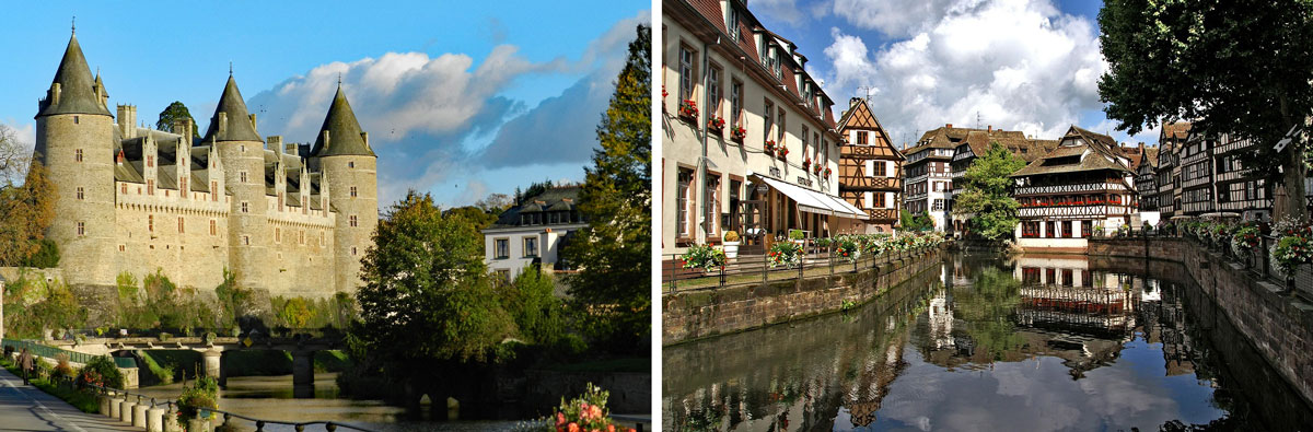 Alsace-Lorraine - Two photos from Pixabay. Left: Château Josselin. Right: Strasbourg canal. Credit given.