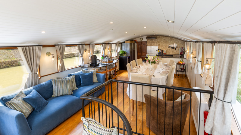 French Hotel Barge Enchante - Overview showing Salon, Dining, and Demonstration Galley