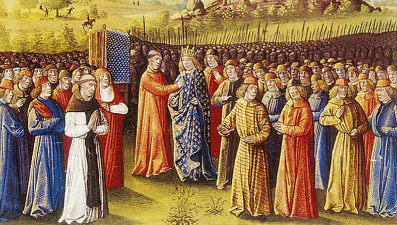 Louis VII takes the cross at Vézelay in the presence of Saint Bernard. Miniature from Sébastien Mamerot's "Passages faits outre-mer par les Français contre les Turcs et autres Sarrazins et Maures outre-marins" (circa 1490). (National Library of France, Paris.) Photo: Wikimedia Commons - sebastian mamerot - Public domain