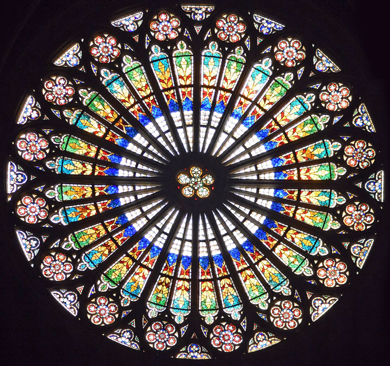 Strasbourg Cathedral round stained glass window Strasbourg Cathedral closeup. Photo credit: Pixabay: Konevi.