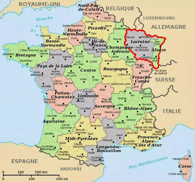 Map of France with Alsace-Lorraine region highlighted. Used on regions/france-alsace-lorraine
