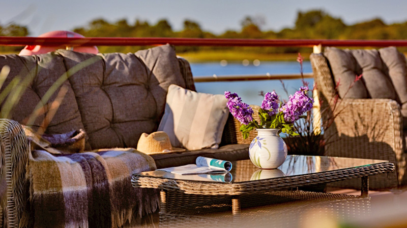 Irish Hotel Barge Shannon Princess - Closeup of furnishings on the upper sundeck