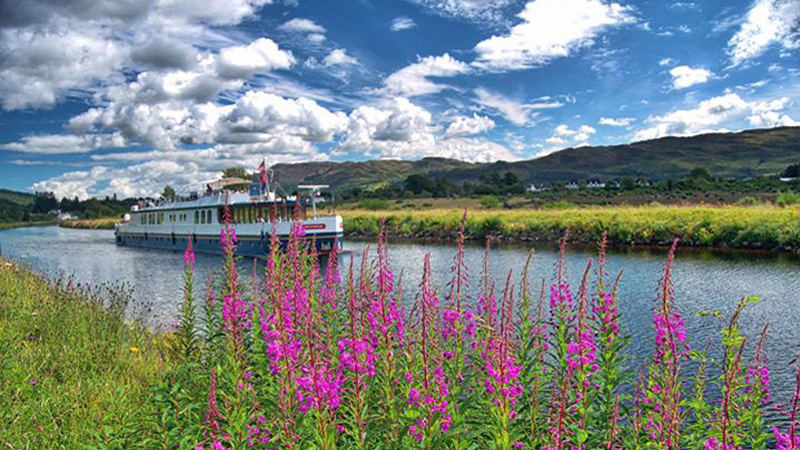 Scottish Hotel Barge Spirit of Scotland - Pretty photo with flowers on the bank of the canal in the Scottish Highlands