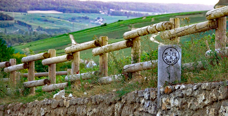 A Moet & Chandon stone roadside marker on a stone wall with a pole fence behind.