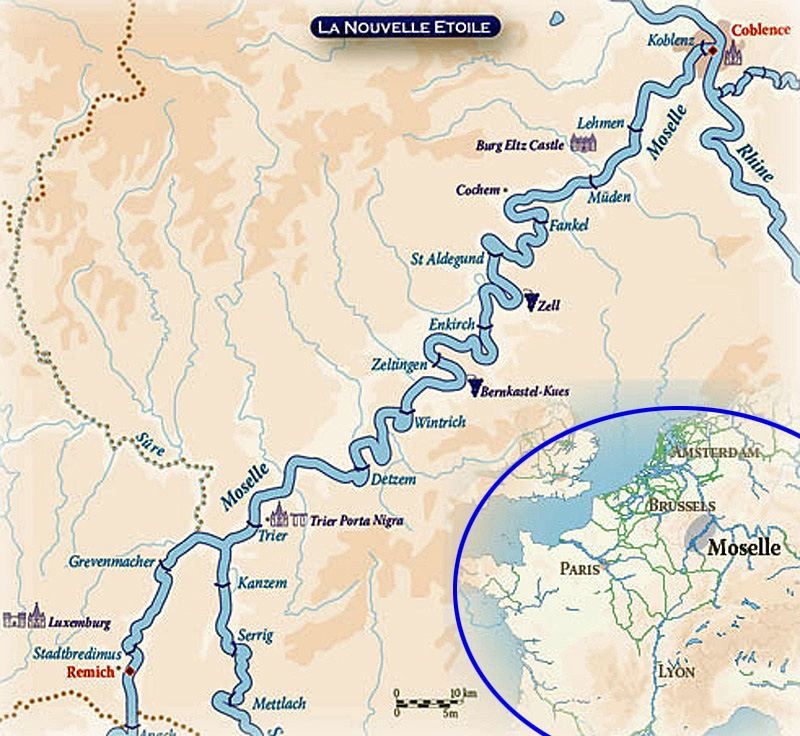 Map of Moselle river for La Nouvelle Etoile's Luxembourg-Germany barge cruise.