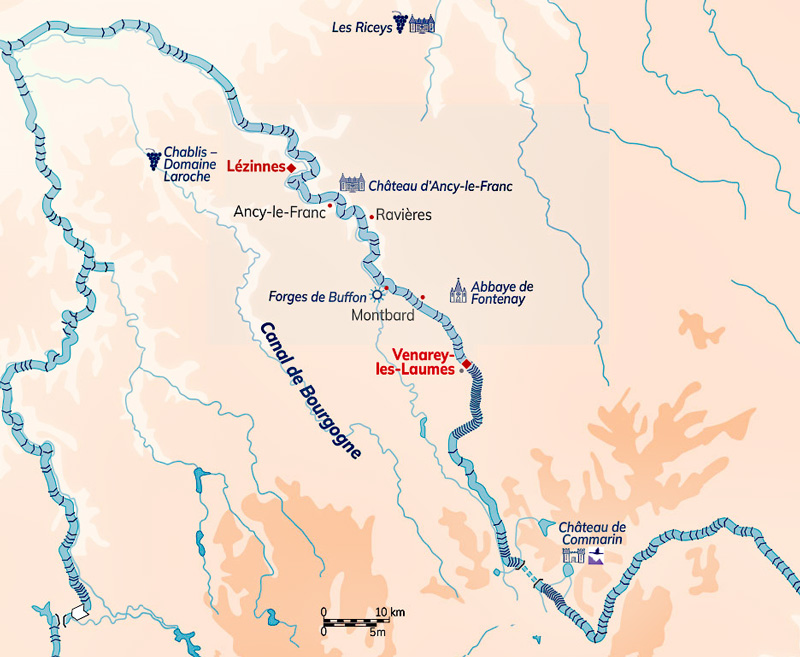 Map for French Hotel Barge La Belle Epoque's Northern Burgundy itinerary