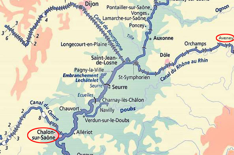 Itinerary map for French Hotel Barge Finesse - Alternate itinerary 2026 - Chalon-sur-Saone to Aveney
